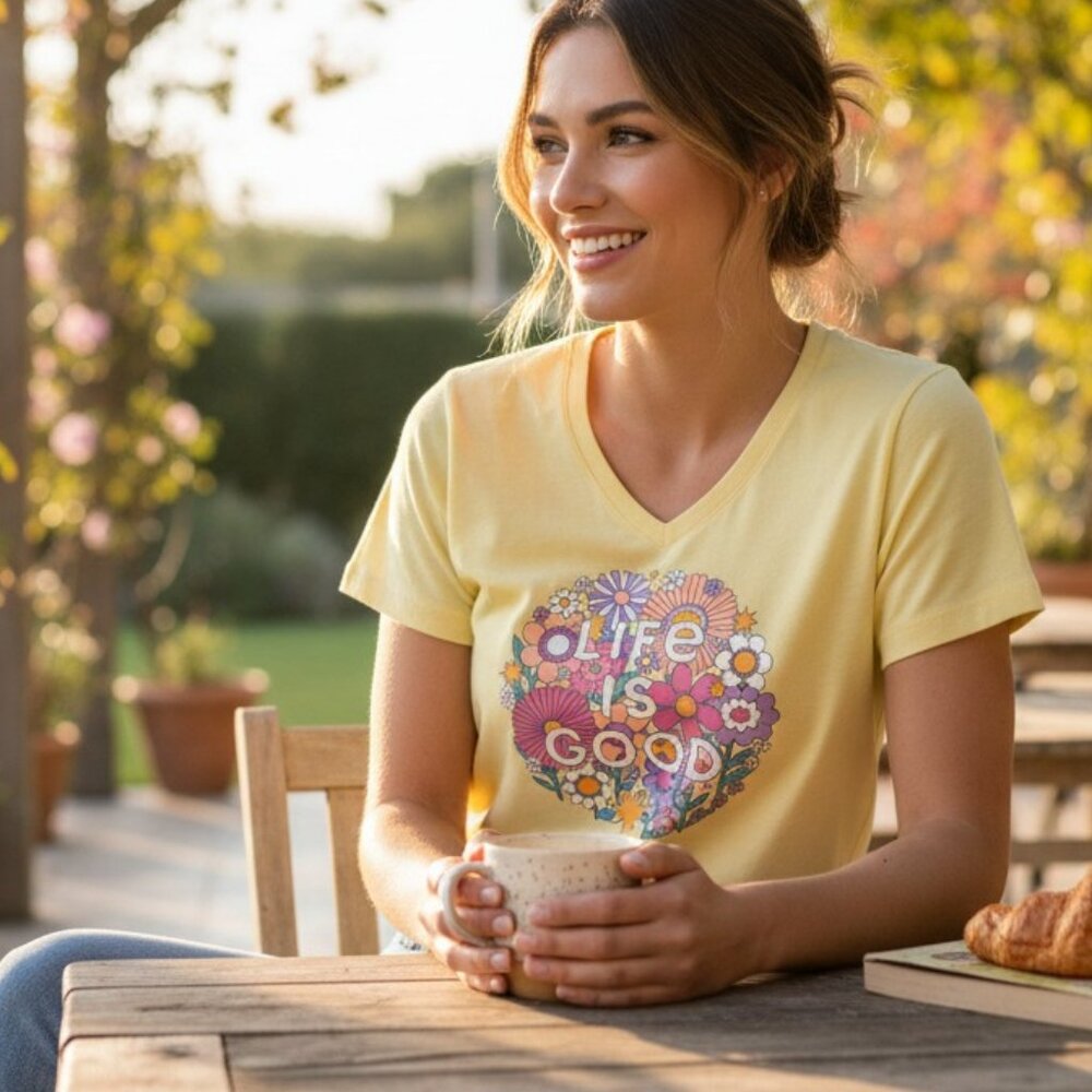 Life is Good W's Retro Flower ball Crusher Vee Tee